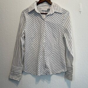 Worthington Stretch White Button Down Shirt Black Stripes Diagonal Size 12 Top